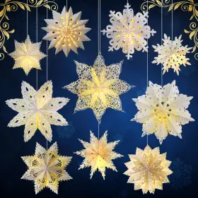 Mudder B0c9lpplj2 10 Pcs Snowflake Paper Lantern Star 14 Led Light
