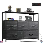 5-drawer Fabric Dresser With Charging Station & Open Shelves, Charcoal Black. Fixed Price $103.48.