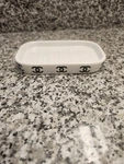 White Ceramic Soap Dish Black Logo Print Bathroom Tray. Fixed Price $78.00.