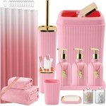 Wsbart 32pcs Pink Bathroom Accessories Set - Shower Curtain, Towels, Toilet Brus. Fixed Price $95.98.