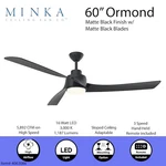Minka Ormond 60" 3-blade Matte Black Ceiling Fan W/ Led Light & Remote. Fixed Price $188.99.