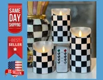 Flickering Flameless Black And White Check Wax Candle Set With Remote / Timer. Fixed Price $19.89.