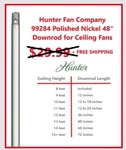 Hunter Fan Company Polished Nickle 48" Ceiling Downrod. Fixed Price $19.99.