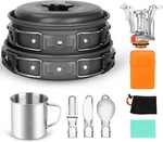 Odoland 10pcs Camping Cookware Mess Kit, With Stove Pot Pan Bowls Sporks Cup Set. Fixed Price $21.50.