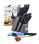 Marco Almond Knife Set With Block, 14 Piece Rainbow Titanium Block Set,. Fixed Price $84.13.