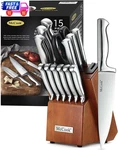 Kitchen Knife Set German Stainless Steel W/ Block & Built-in Sharpener. Fixed Price $108.99.