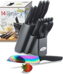 New $90 Marco Almond 14 Piece Rainbow Titanium Knife / Wood Block Set Kya25 Blk. Fixed Price $49.99.