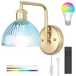 Swing Arm Wall Sconce, Plug In Or Hardwired Gold Lamp With Blue Stripe Ribb. Fixed Price $86.22.