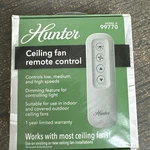 Hunter Ceiling Fan Remote Control: Low, Med & High Speeds -white- Model #99770. Fixed Price $44.99.