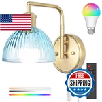 Swing Arm Wall Sconce, Plug In Or Hardwired Gold Lamp With Blue Stripe Ribb. Fixed Price $79.82.