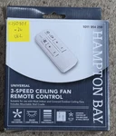 Hampton Bay White Universal 3-speed Ceiling Fan Remote Control With Dimmer. Fixed Price $27.49.