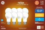 Ge Relax Led, Hd Light A19 Med Base, 60w Eq, 8.5w, Dimmable, 8-pack, Soft White. Fixed Price $24.95.
